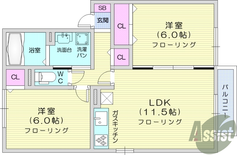 2LDK、物置付き、独立洗髪洗面化粧台、バストイレ別
