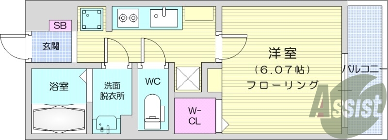 1K、浴室乾燥機、システムキッチン、バルコニー。