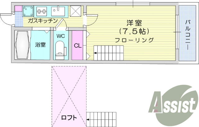 1K、バストイレ別、都市ガス、ガスコンロ可、ウォッシュレット