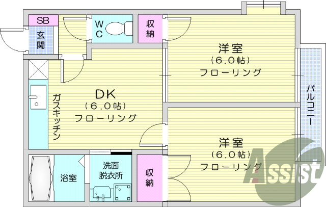 2DK、角部屋、バストイレ別、出窓、エアコン、フローリング
