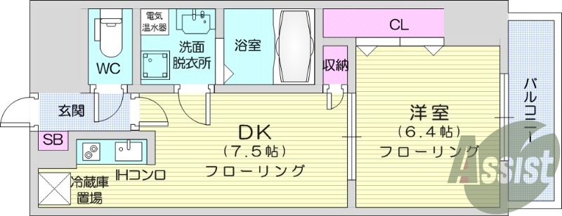１DK、バルコニー、クローゼット、IHコンロ