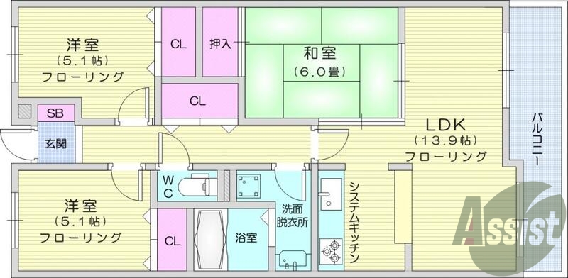 3LDK、ＡＣ、クローゼット、室内洗濯機置き場、トイレ浴室別