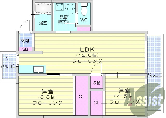 ２LDK、セパレート、南向き、２面バルコニー、各部屋収納