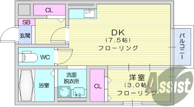 １DK、フローリング、エアコン、クローゼット