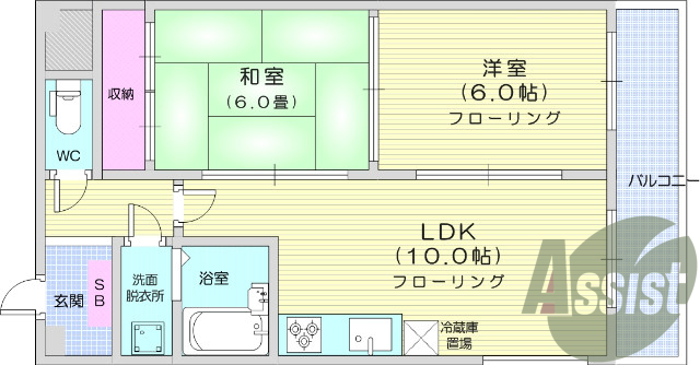 2LDK、エアコン、バストイレ別、モニター付きインターホン