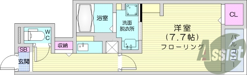 1K、エアコン、バストイレ別、室内洗濯機置き場、収納