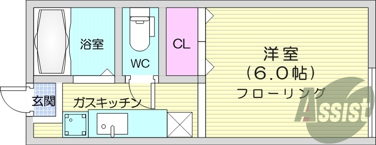 1K、B.T別、エアコン、都市ガス、室内洗濯機置場