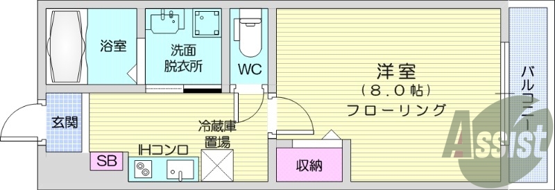 １K、IHクッキングヒーター、エアコン、独立洗面台