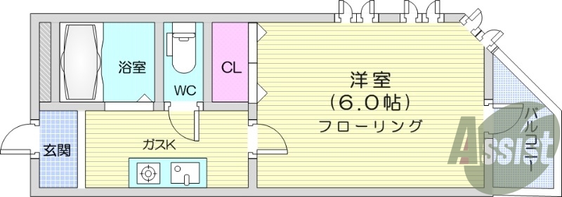 1Ｋ、バストイレ別、独立洗面台、システムキッチン