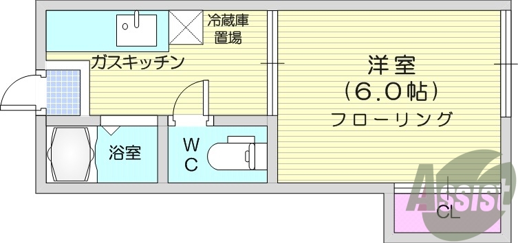 １K、エアコン、バストイレ別、フローリング