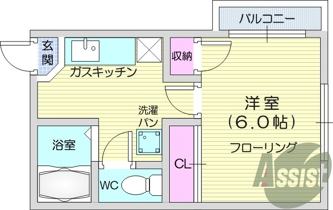 1K、エアコン、室内洗濯機置き場、トイレ浴室別、収納