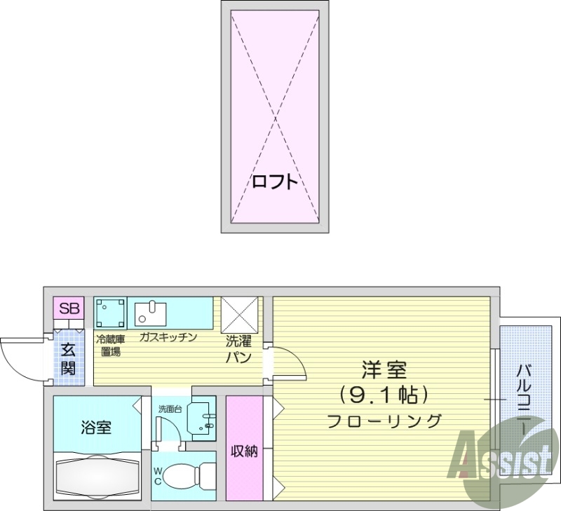 1Kロフト付きのお部屋です。TV付きインターホン、追い焚き