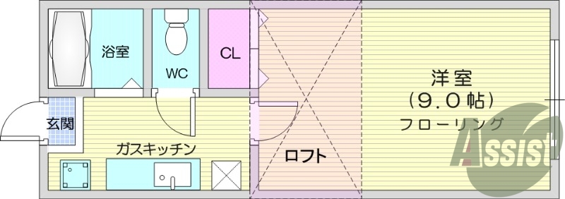 １K、ロフト、フローリング、エアコン、クローゼット