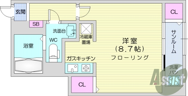 １R、モニター付きインターホン、バストイレ別