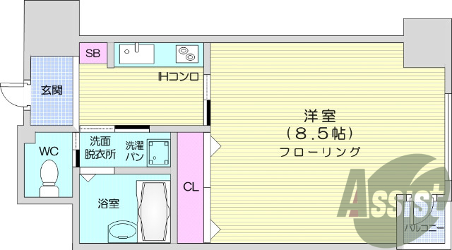 1K 西向き、バストイレ別、浴室乾燥機付き