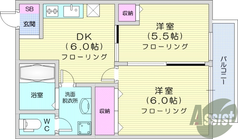 2ＤＫ、フローリング、独立洗面台、温水洗浄便座機能