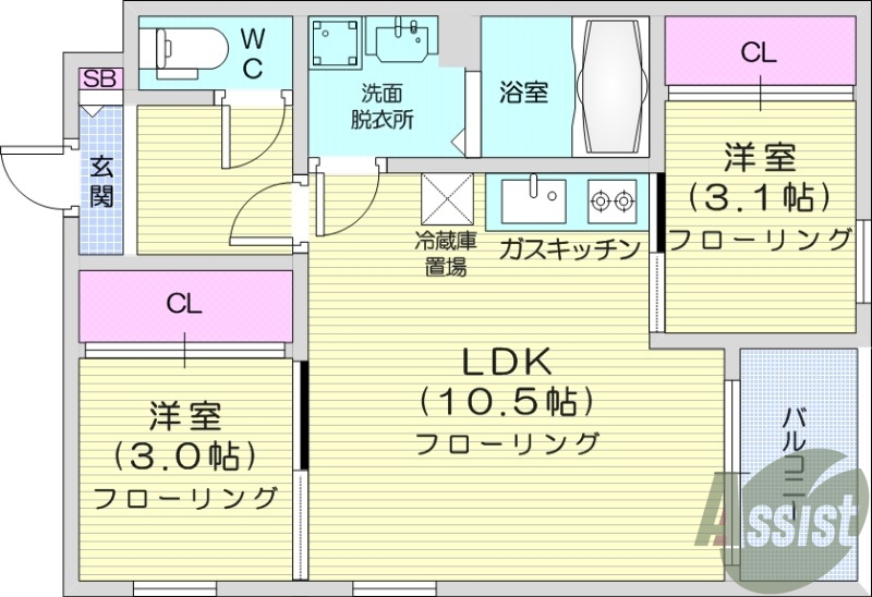 2LDK、バルコニー、バストイレ別、追い炊き機能