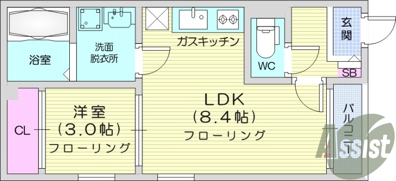1LDK、バルコニー、バストイレ別、追い炊き機能