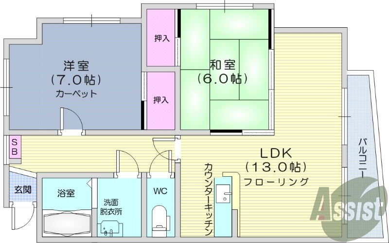 2LDK、追い炊き機能、温水洗浄便座付き、バス・トイレ別