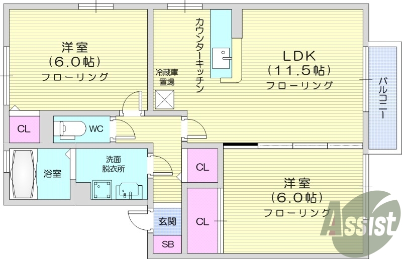 ２LDK、モニター付きインターホン、独立洗面台