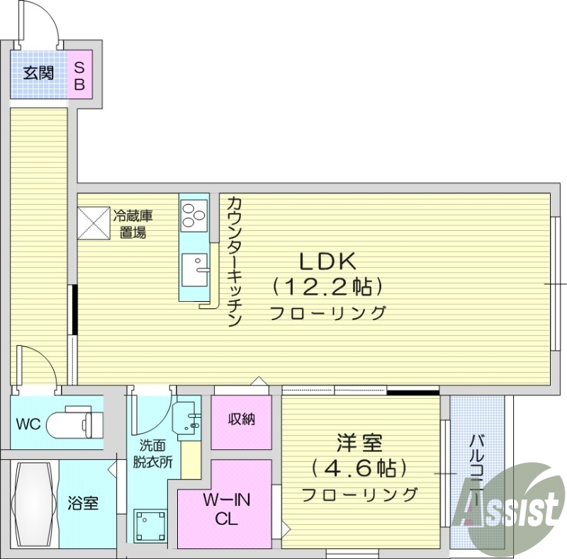 1LDK、バルコニー、ウォークインクローゼット
