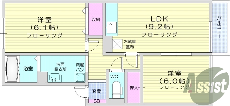 2ＬＤＫ、バス・トイレ別、追い焚き機能、室内物干し