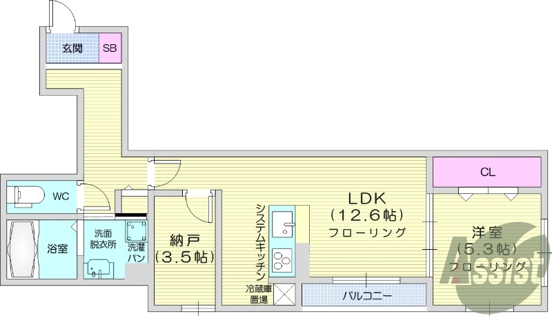 1LDK、バストイレ別、エアコン、室内洗濯機置場