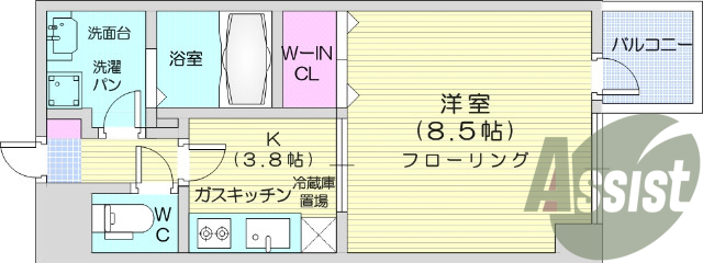 1K、温水洗浄便座、洗髪洗面化粧台、バストイレ別