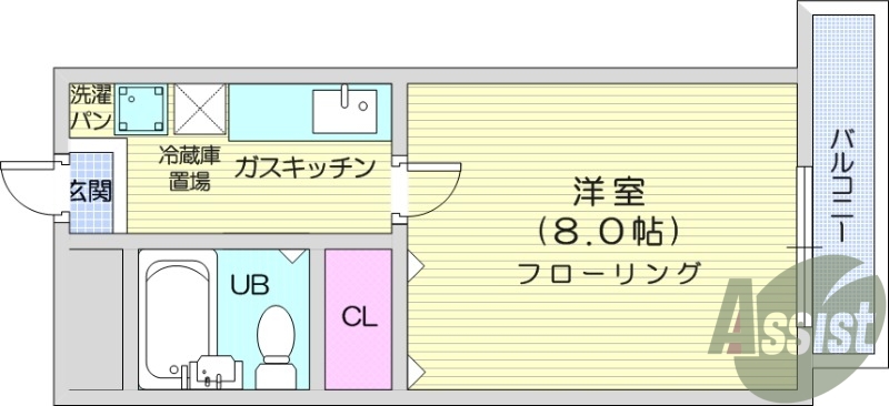 1K、ユニットバス、室内洗濯機置場、都市ガス