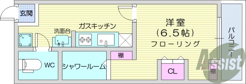 1K、ガスコンロ2口、室内洗濯機置き場、独立洗面台、エアコン