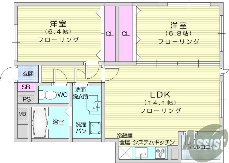 2LDK、南向き、バス・トイレ別、バルコニー、エアコン