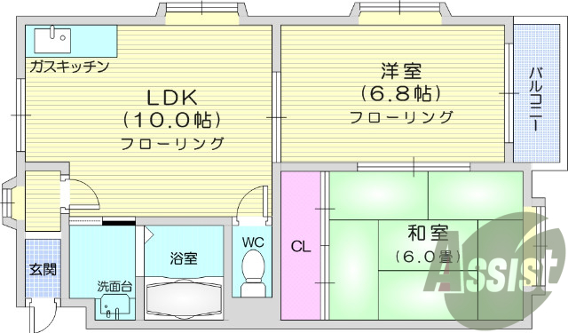 2LDK、角部屋、南向き、室内洗濯機置き場