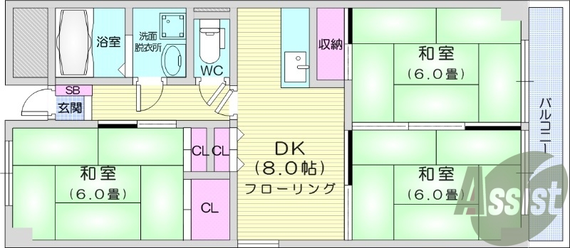 3DK、追い焚き、都市ガス、ガスキッチン独立洗面台