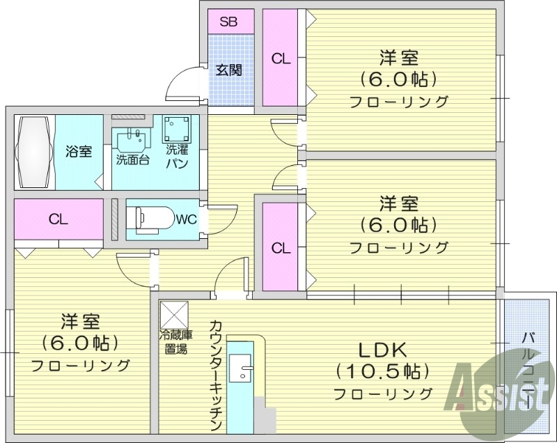 3LDK、浴室換気乾燥機、追い焚き機能付き、独立洗面台