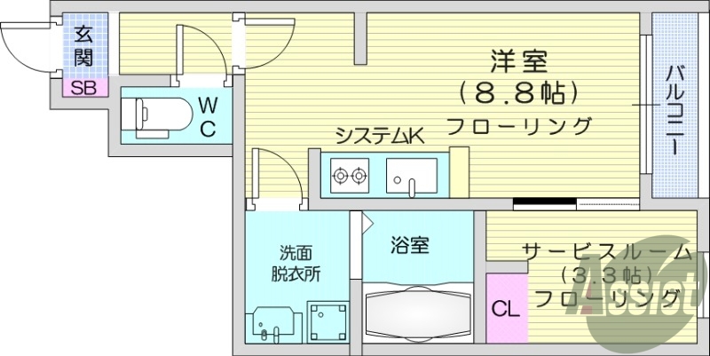 1R、収納付き、浴室乾燥機、洗髪洗面化粧台、エアコン付き