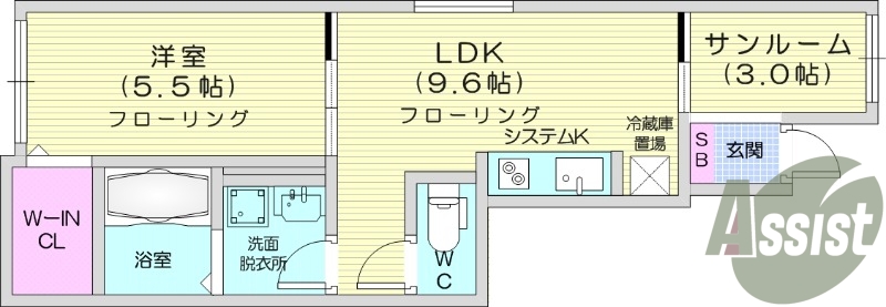1LDK、サンルーム、南向き、ホームセキュリティ、ネット無料