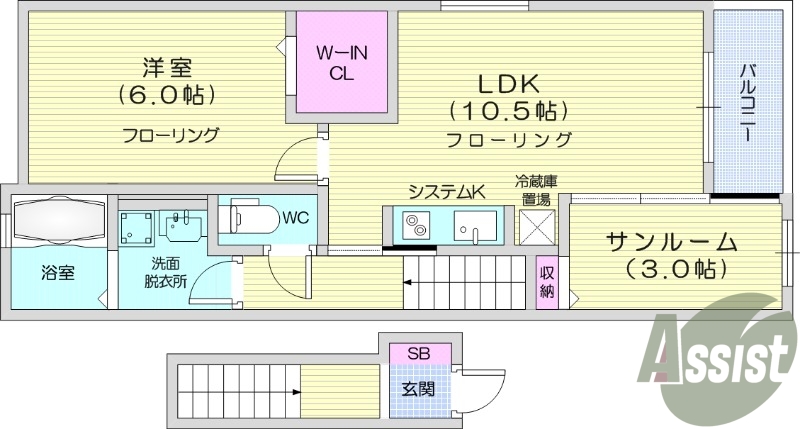 1LDK、サンルーム、南向き、ホームセキュリティ、ネット無料