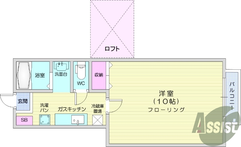 1K、ロフト付き、駐車場無料、バストイレ別。