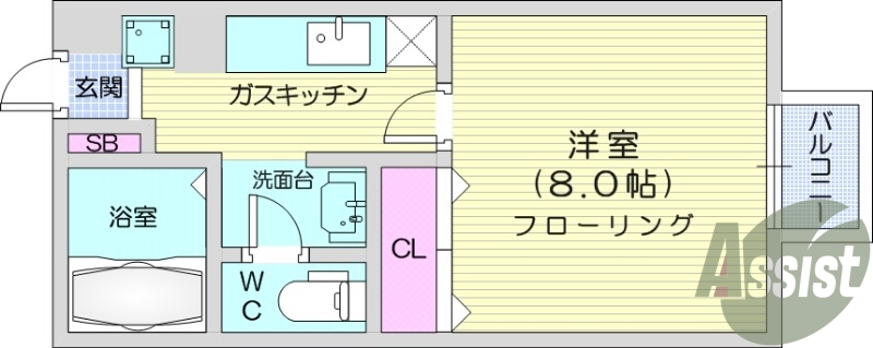 1K、南向き、エアコン、バルコニー、バス・トイレ別