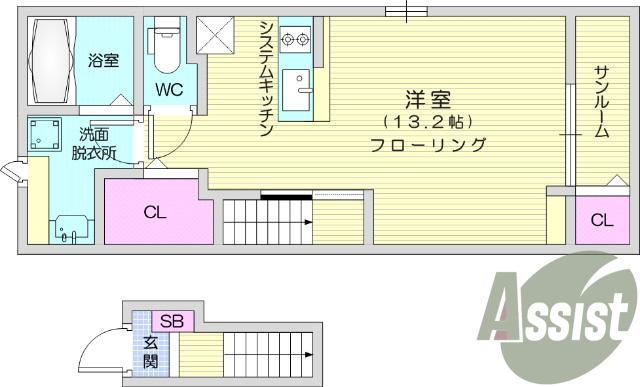 1K、フローリング、インナーテラス、浴室乾燥機、追焚給湯