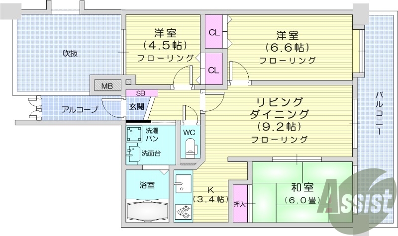 3LDK、独立洗面台、室内洗濯機置場、都市ガス