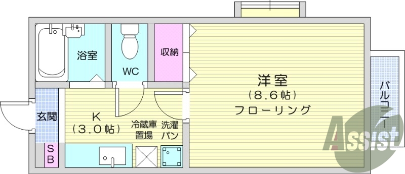 1K　南向き、バストイレ別、バルコニー、