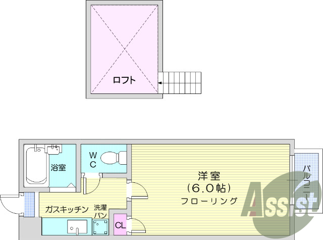 １k、ロフト、風呂トイレ別、エアコン、追い焚き給湯