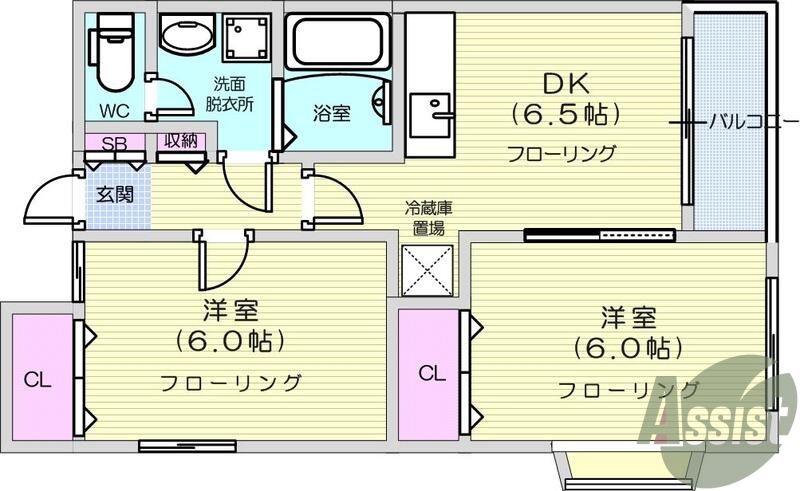 2DK、都市ガス、追い焚き、バルコニー、洗面台