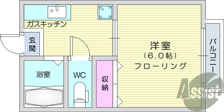 1K、バストイレ別、温水洗浄便座、室内洗濯機置場、エアコン