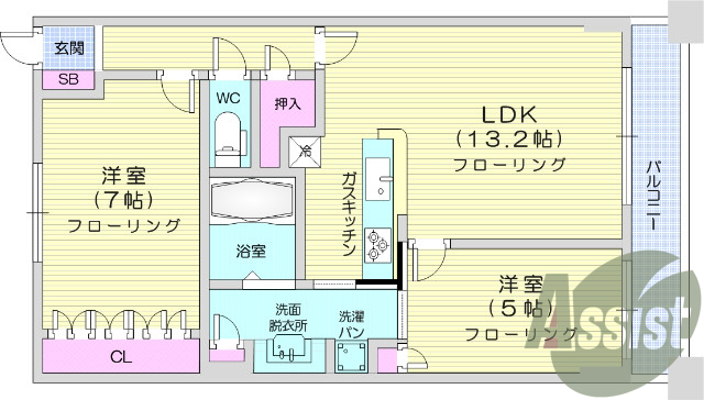 2LDK、システムキッチン、追い焚き、独立洗面台。エアコン