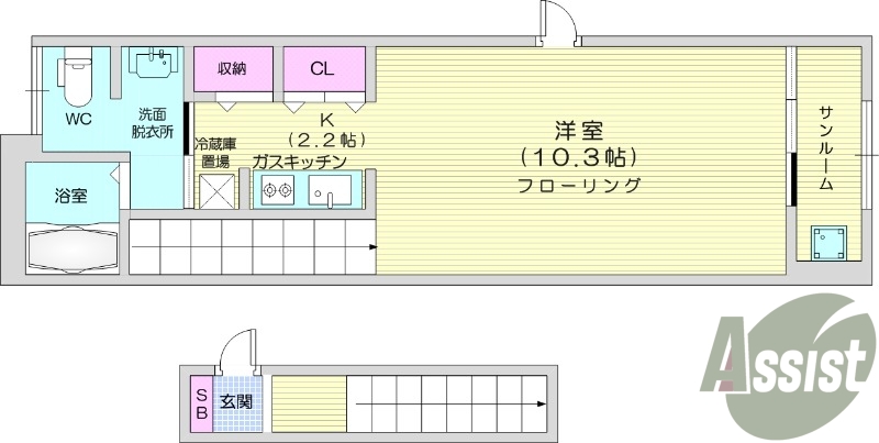 １K、ネット無料、浴室乾燥、サンルーム