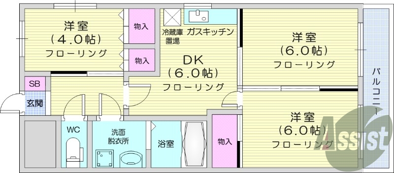3ＤＫ、バストイレ別、追焚機能、モニター付きインターホン。