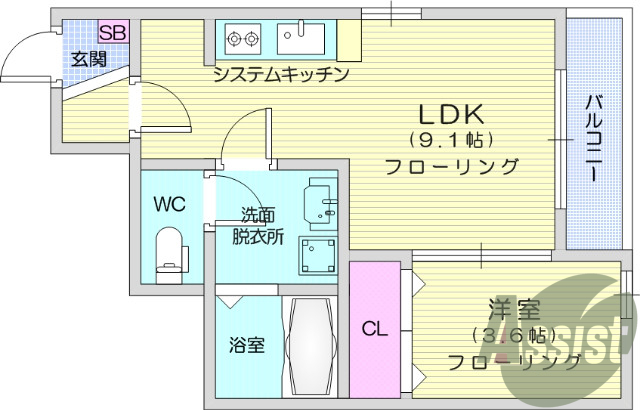 1LDK、システムキッチン、フローリング、ネット無料