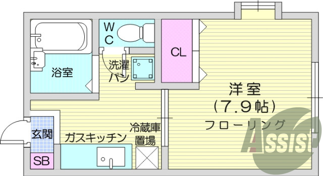 1Ｋ、都市ガス、バストイレ別、エアコン、室内洗濯機置場